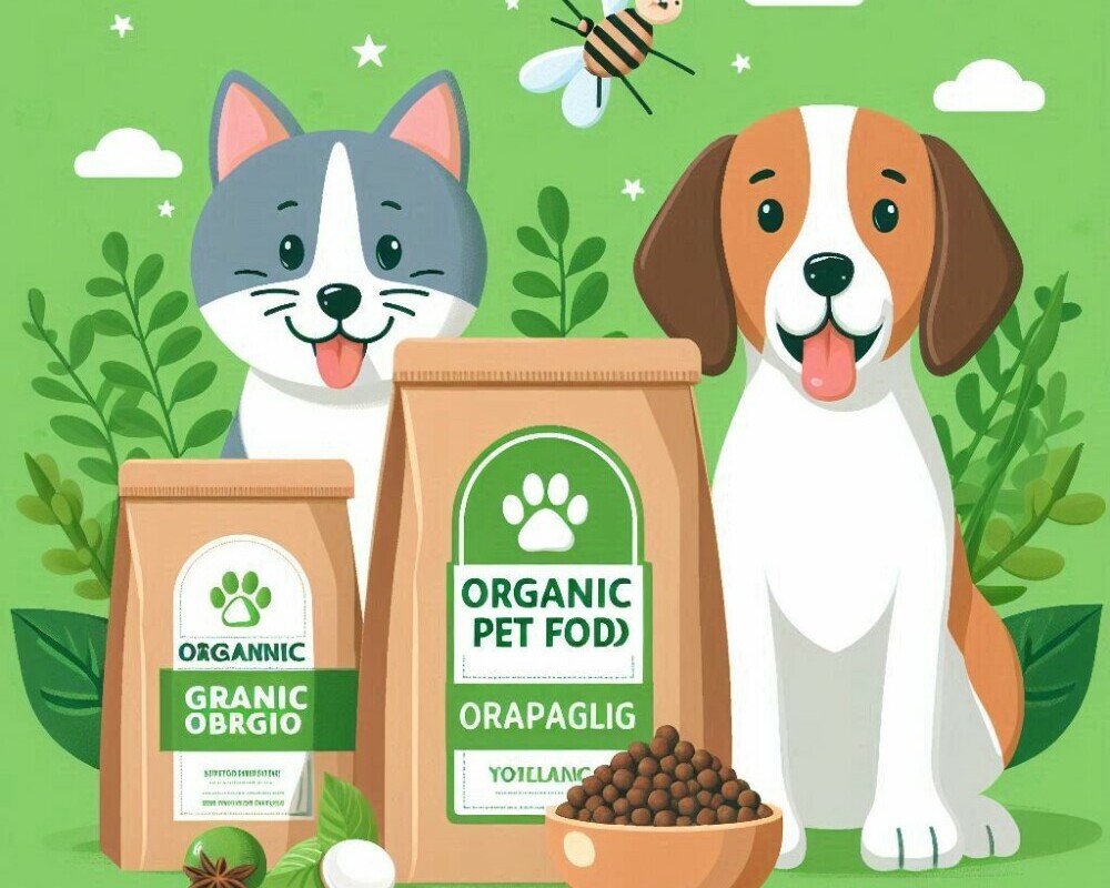 Eco-friendly organic pet food packaging and happy pets in a green environment