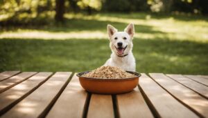 A happy dog enjoying a bowl of freshly prepared dog food.