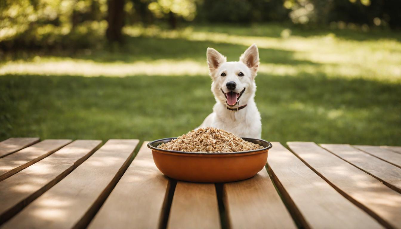 A happy dog enjoying a bowl of freshly prepared dog food.