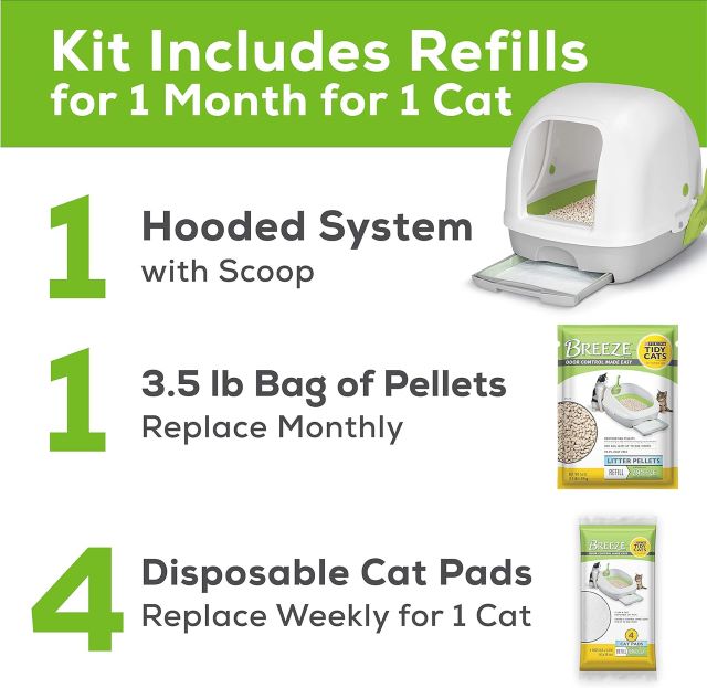 Purina Tidy Cats Hooded Litter Box System, BREEZE Hooded System Starter Kit Litter Box, Litter Pellets & Pads